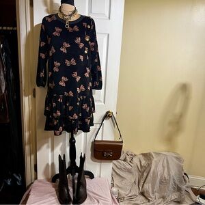 Vintage Women’s CoteCoton Paris Cotton Velvet Bow Print Boho Ruffle Mini Dress L